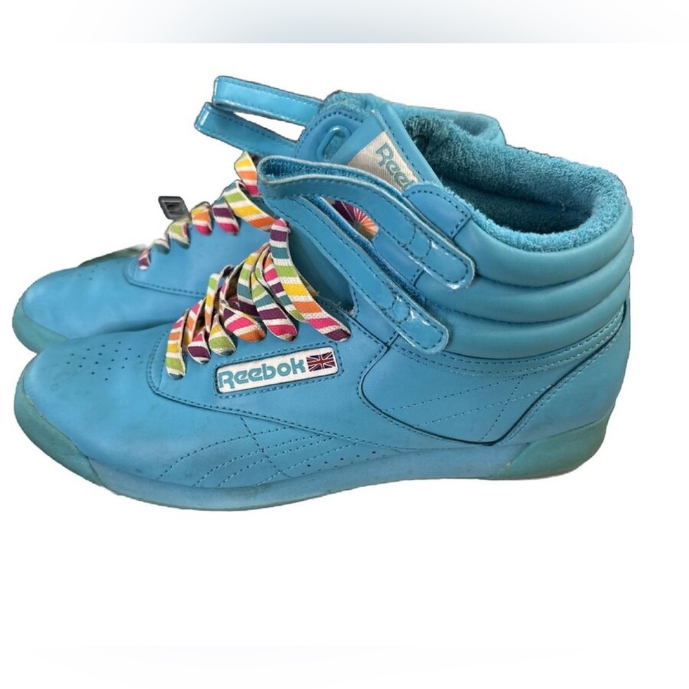 Women’s Reebok Freestyle 25th Anniversary Hi Tops Turquoise Rainbow Size 8